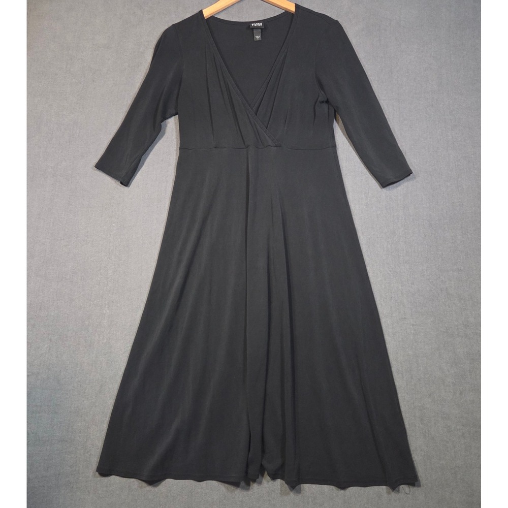 Eileen Fisher Silk Jersey Dress Womens Small Black 3/4 Sleeve V-Neck Midi Wrap